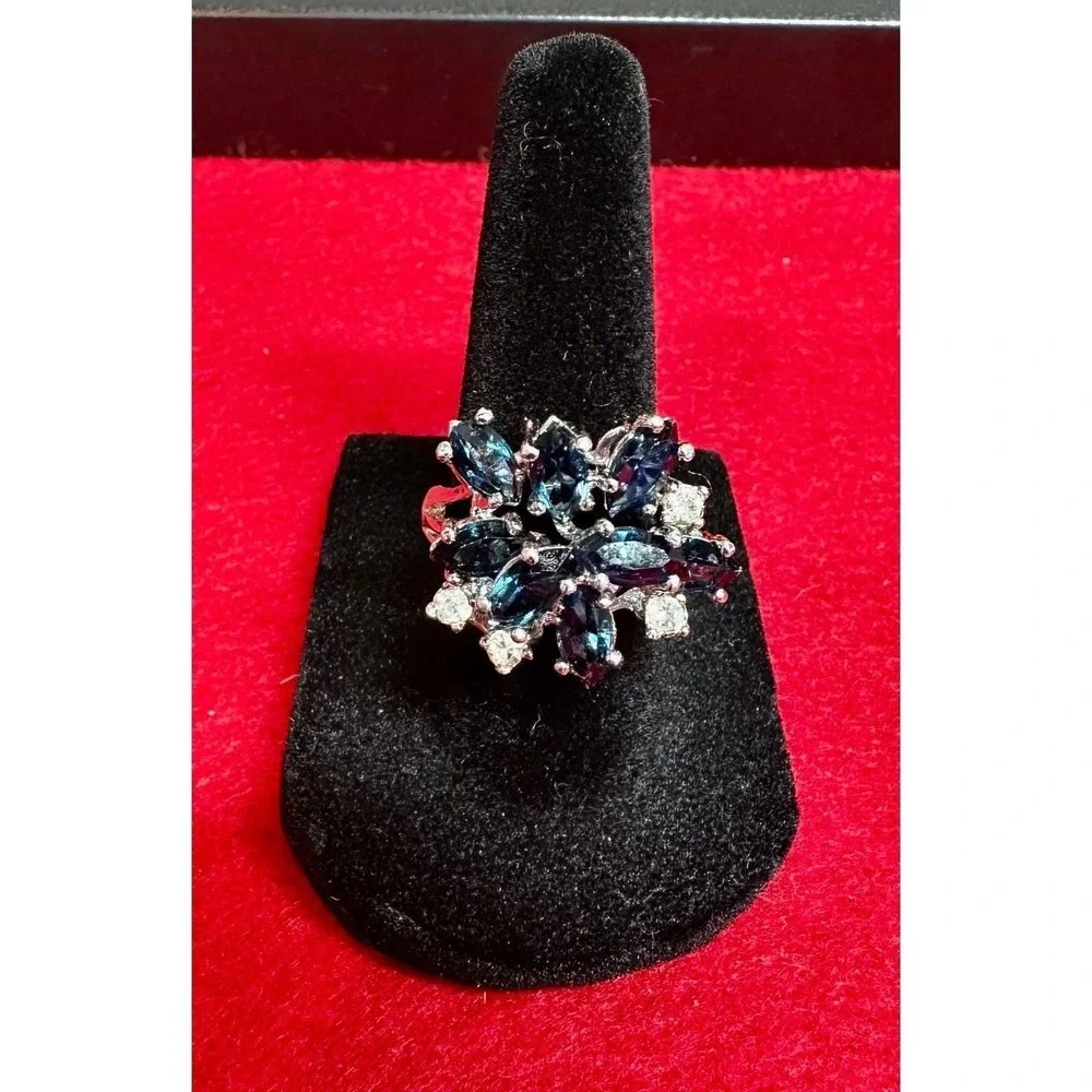 Blue Sapphire Look Cluster Ring Size 7 18K GE Rhinestone Cocktail Silver-Tone